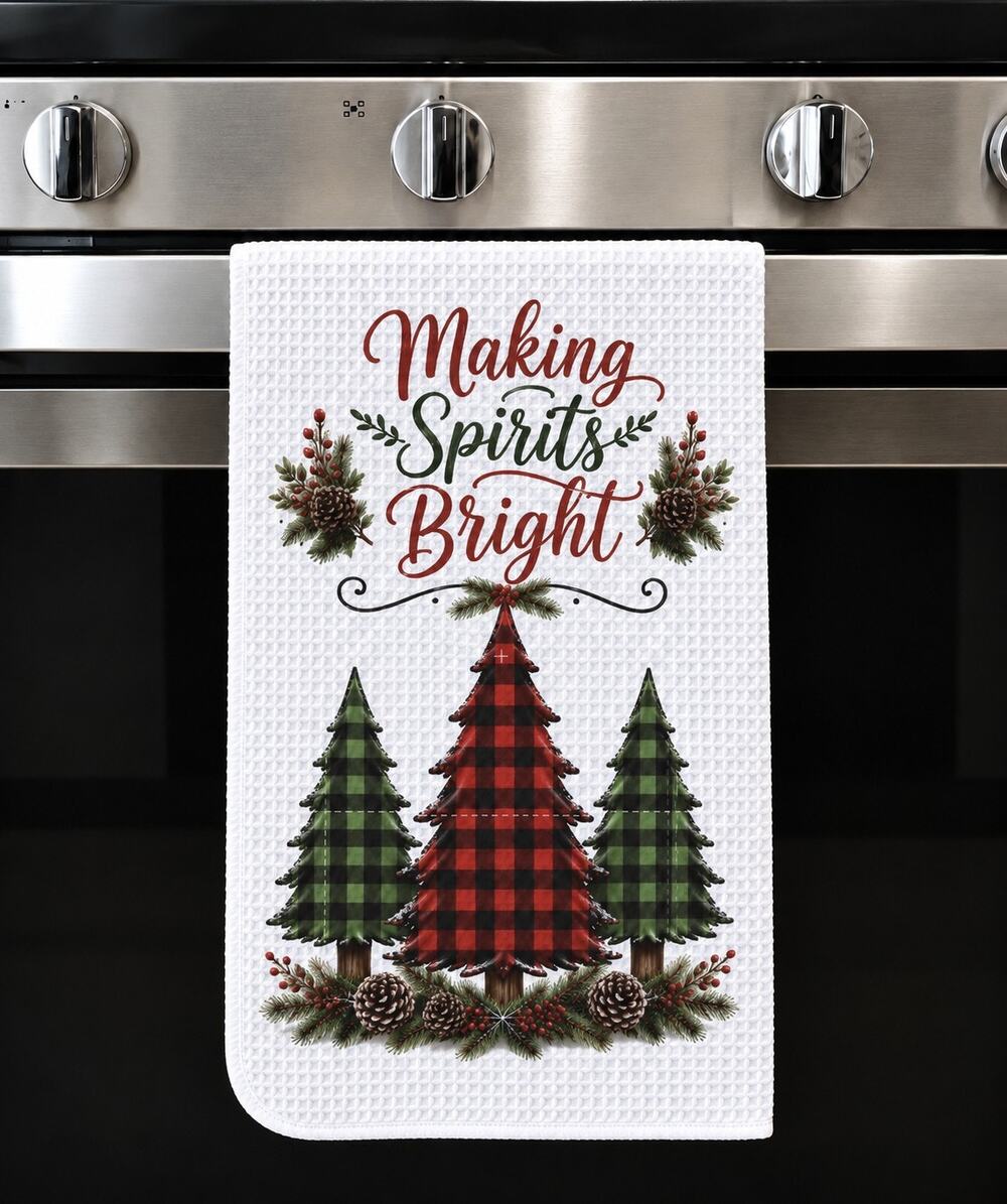 Making Spirits Bright Christmas Kitchen Towel Plaid Trees Farmhouse Decor